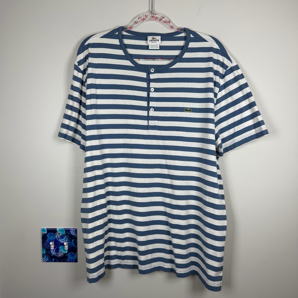 Lacoste Blue White Stripe Henley Short Sleeve Shirt Men’s Size 8 XXL Preppy